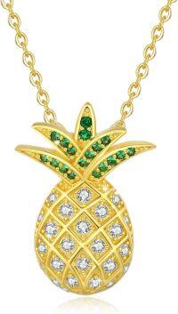 wholesale Gold Pineapple Pendant with Green Stones and White Crystals on 925 Sterling Silver Chain-F01-Pineapple
