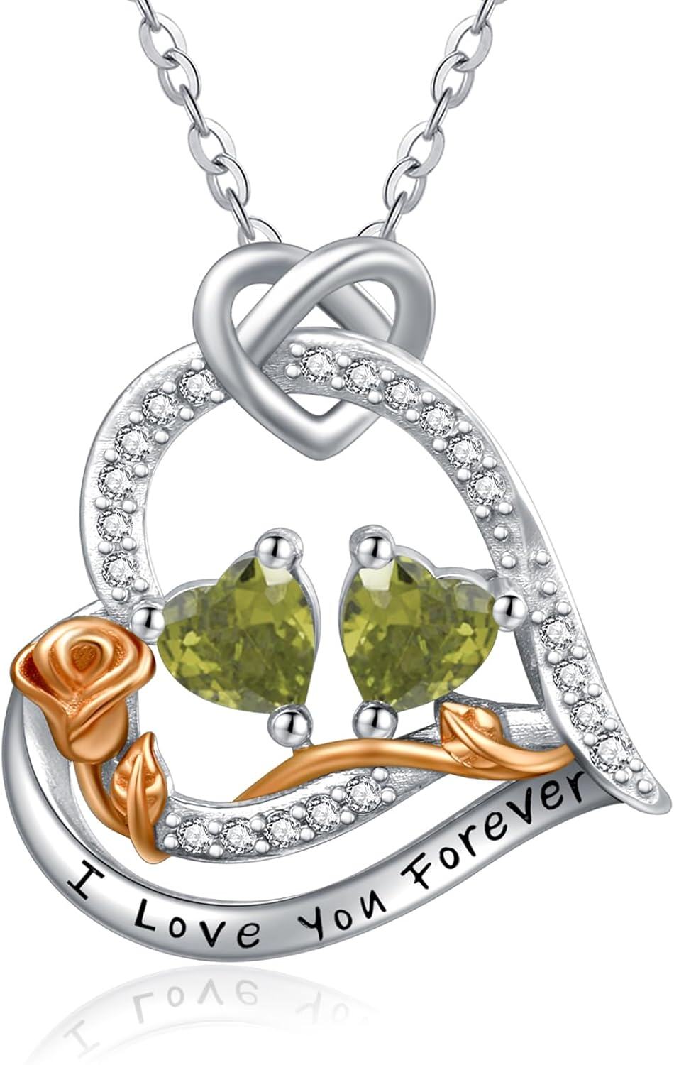  Sterling Silver 2 Birthstones Rose Heart Necklace for Women -08-08-Aug-Aug