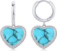 wholesale Sterling Silver Gemstone Heart Huggie Earrings for Women-Turquoise-Dec.