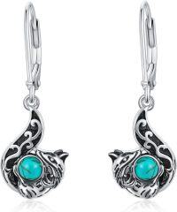 wholesale Sterling Silver Vintage Green Turquoise Elephant Fox Horse Dolphin Dangle Leverback Earrings-Fox