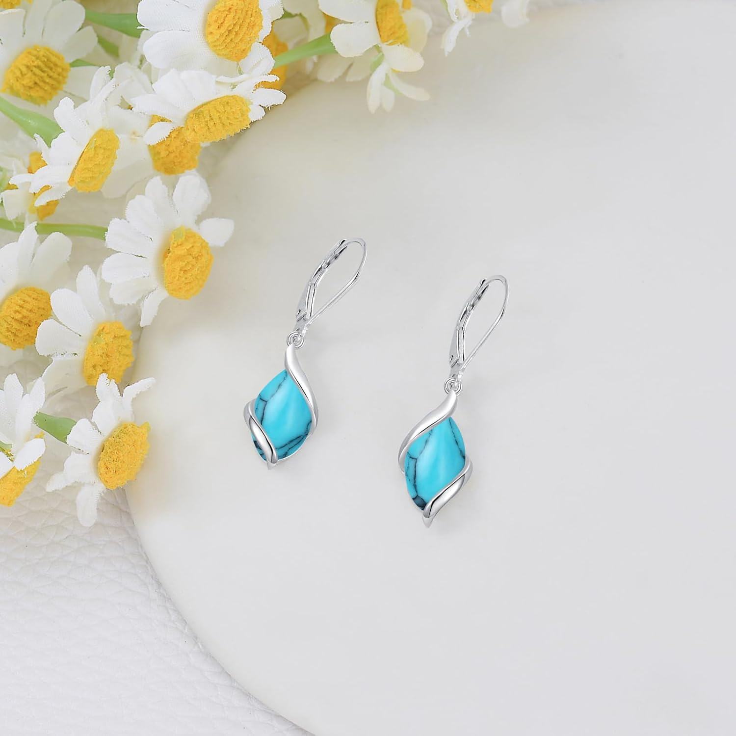 925 Sterling Silver Turquoise Marquise Shape Stone Leverback Drop Dangle Earrings for Women-0-4