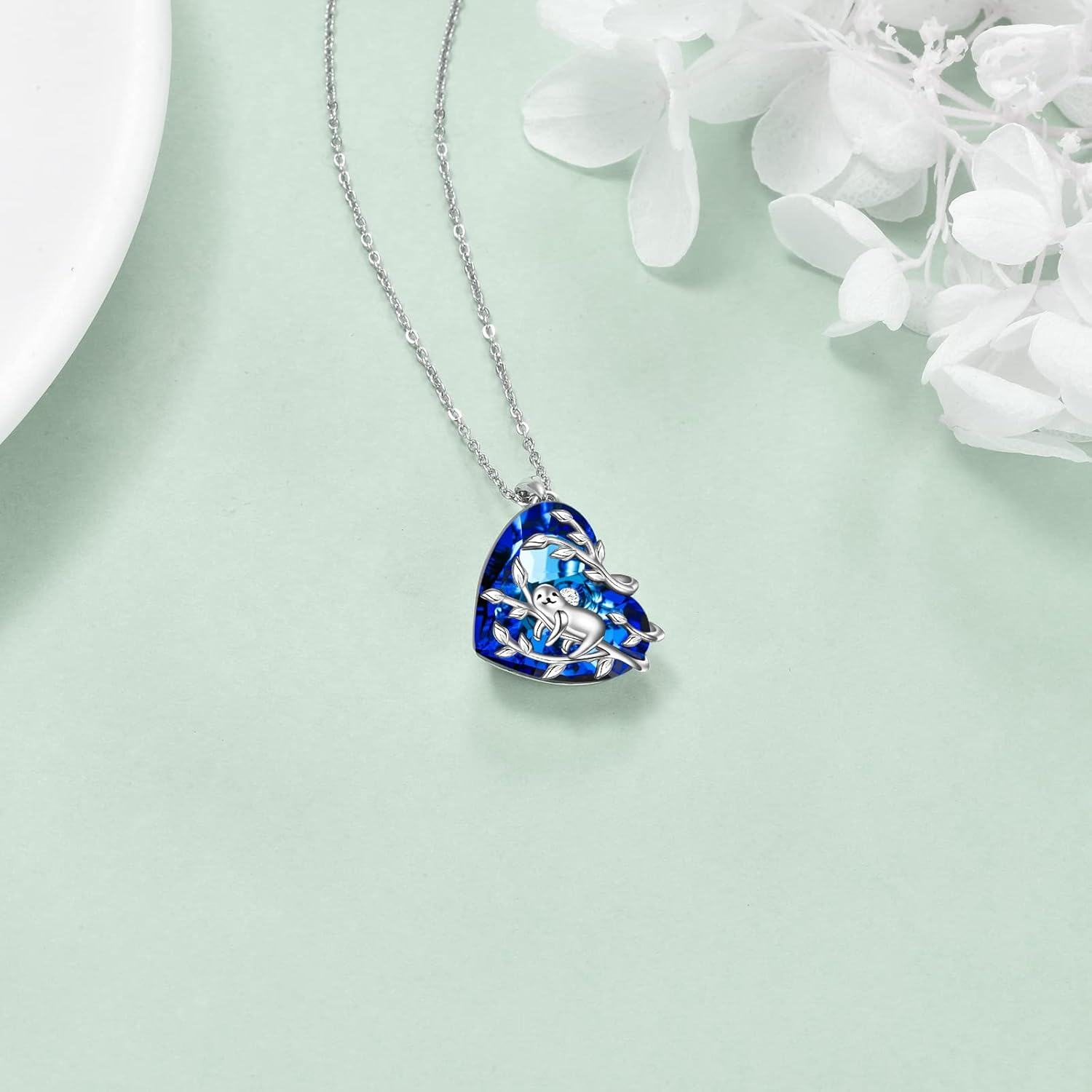 925 Sterling Silver Blue Crystal Sloth Branch Pendant Necklace Gift for Her-0-2