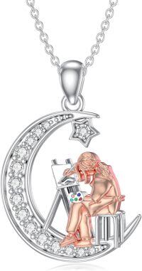 wholesale 925 Sterling Silver Crescent Moon Star Painting Girl Charm Necklace  for Women-Painting