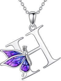 wholesale Sterling Silver Purple Butterfly A Z 26 Letters Pendant Necklace-Letter H-Letter H