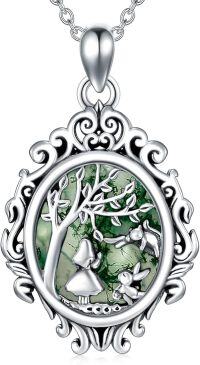 wholesale  Sterling Silver Natural Gemstone Alice in Wonderland Necklace for Women -B1-Natural Moss Agate