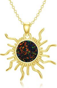 wholesale Sterling Silver Gold Opal Sun Necklace for Women Dainty Colorful Stone Pendant Jewelry Birthday Gift for Her-C_Sterling Silver Gold_Black