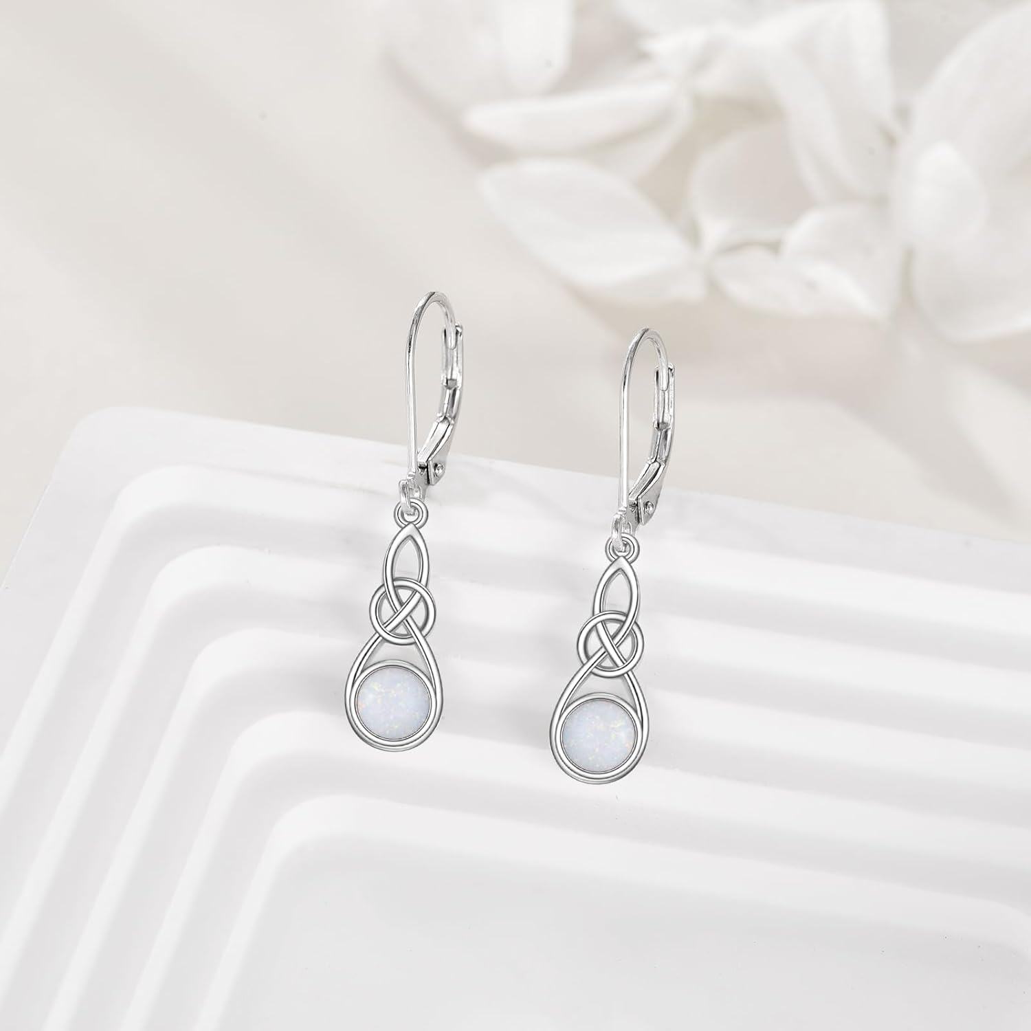 925 Sterling Silver Opal Celtic Knot Leverback Drop Dangle Earrings for Women Girls Irish s 4cm Long-0-1