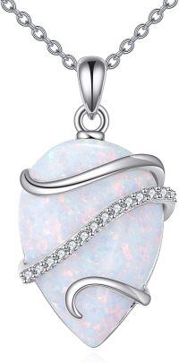 wholesale 925 Sterling Silver White Opal Teardrop Pendant Necklace 28.3x15.4mm 18 Chain for Women Gift-white opal