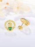 wholesale 925 Sterling Silver & Emerald Green CZ Yellow Gold Plated Claddagh Earrings, Traditional Irish Heart Hands Crown Design, Hypoallergenic, Gift Box-0-3