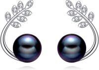 wholesale 925 Silver Black Pearl Leaf Pattern Stud Earrings 15mm, Elegant Gift for Women-Stud-Black Pearl