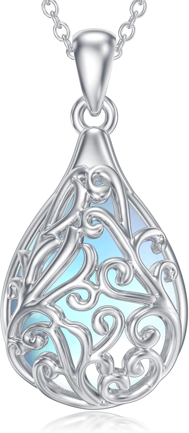 Sterling Silver Moonstone Lotus Filigree Pendant Necklace-0-0