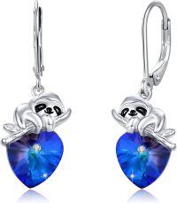 wholesale 925 Sterling Silver Blue Crystal Sloth Heart Drop Earrings-Sloth