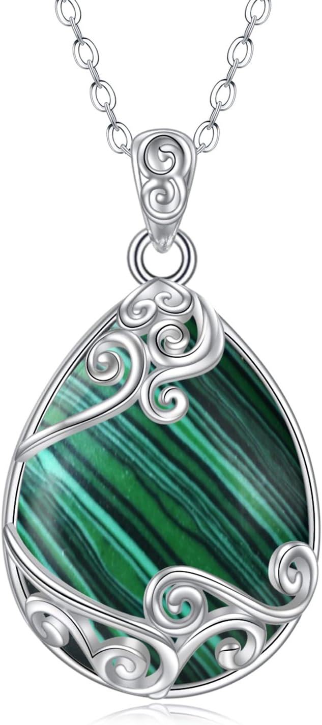 Sterling Silver Moonstone Filigree Teardrop Pendant Necklace for Women-TT-Malachite Filigree Necklace