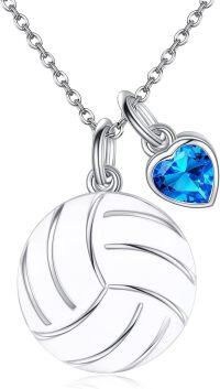 wholesale 925 Sterling Silver Blue Crystal Heart & Volleyball Pendant Sporty Necklace Gift for Her-Volleyball
