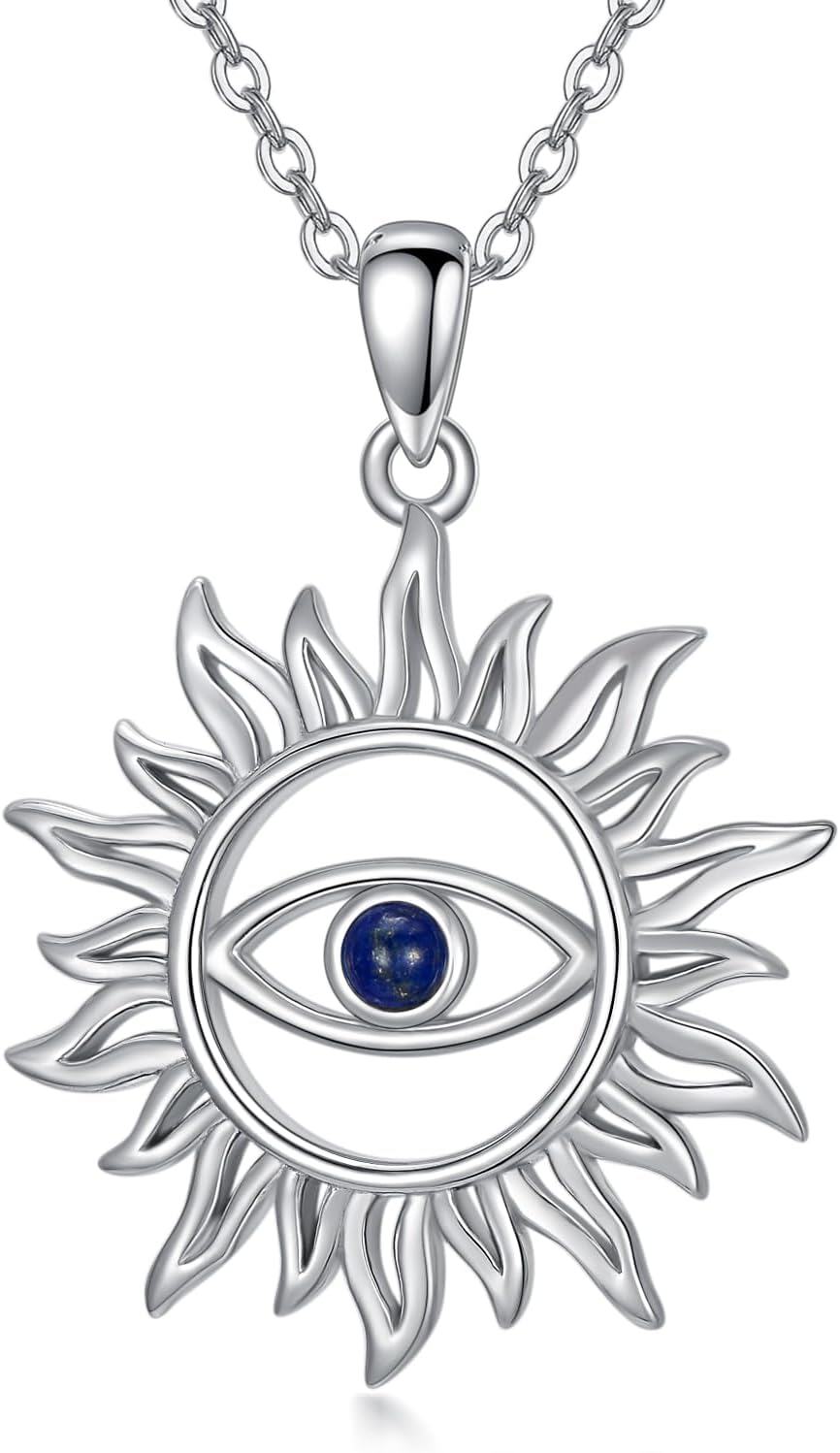 Sterling Silver Evil Eye Lotus Eye of Horus Necklace Spiritual Protection Amulet Gift for Women Men w 18 +2 Chain-Sun Evil Eye