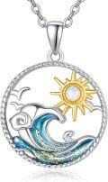 wholesale 925 Sterling Silver Blue Opal Ocean Wave Pendant Necklaces with Gold Plated Sun Charm - Beach Summer s for Women-0-0