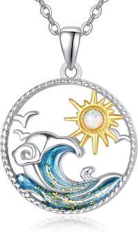 wholesale 925 Sterling Silver Blue Opal Ocean Wave Pendant Necklaces with Gold Plated Sun Charm - Beach Summer s for Women-Opal Sun