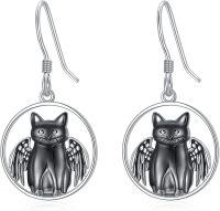 wholesale 925 Sterling Silver Angel Cat Drop Earrings with Black Enamel and Wings - Halloween Gift for Girls & Women-2