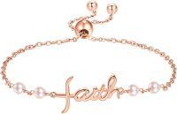 wholesale 925 Sterling Silver Plated Rose Gold Metal Freshwater Pearl Faith Cross Adjustable Bracelet for Women - Dainty Double Chain Christian -Faith-Rose Gold