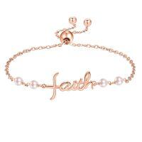 wholesale 925 Sterling Silver Plated Rose Gold Metal Freshwater Pearl Faith Cross Adjustable Bracelet for Women - Dainty Double Chain Christian -Faith-Rose Gold