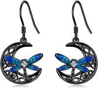 wholesale 925 Sterling Silver Blue Dragonfly Moon Drop Earrings - Irish  for Women-Black