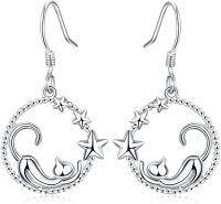 wholesale 925 Sterling Silver Moon & Stars Drop Earrings for Women-cat and star