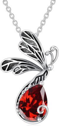 wholesale Sterling Silver Natural Created Gemstone Dragonfly Necklace Pendant-01-Jan- Garnet