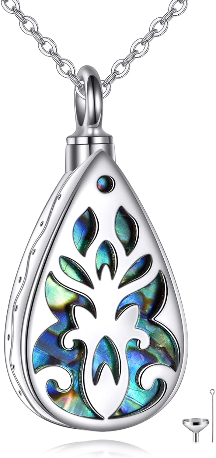 wholesale 925 Sterling Silver Teardrop Abalone Shell Cremation Jewelry Pendant Necklace with Funnel and Fill Tool-0-0