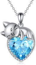 wholesale 925 Sterling Silver Blue Topaz Heart-Shaped Cat Pendant Necklace for Women-0-0