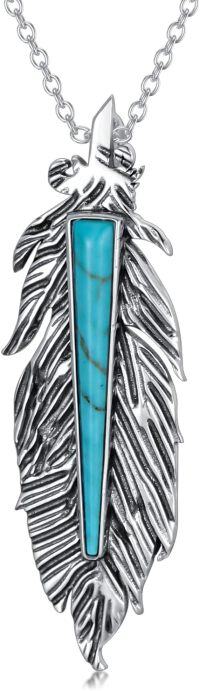 wholesale 925 Sterling Silver Turquoise Feather Pendant Necklace - Western Bohemian Style-Eagle Feather