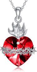 wholesale 925 Sterling Silver Red Crystal Heart with Crown of Thorns Cross Necklace-0-0