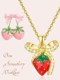 wholesale 925 Sterling Silver Metal Red Strawberry with Gold Tone Bow Pendant Necklace for Women - Summer Fruit -0-5