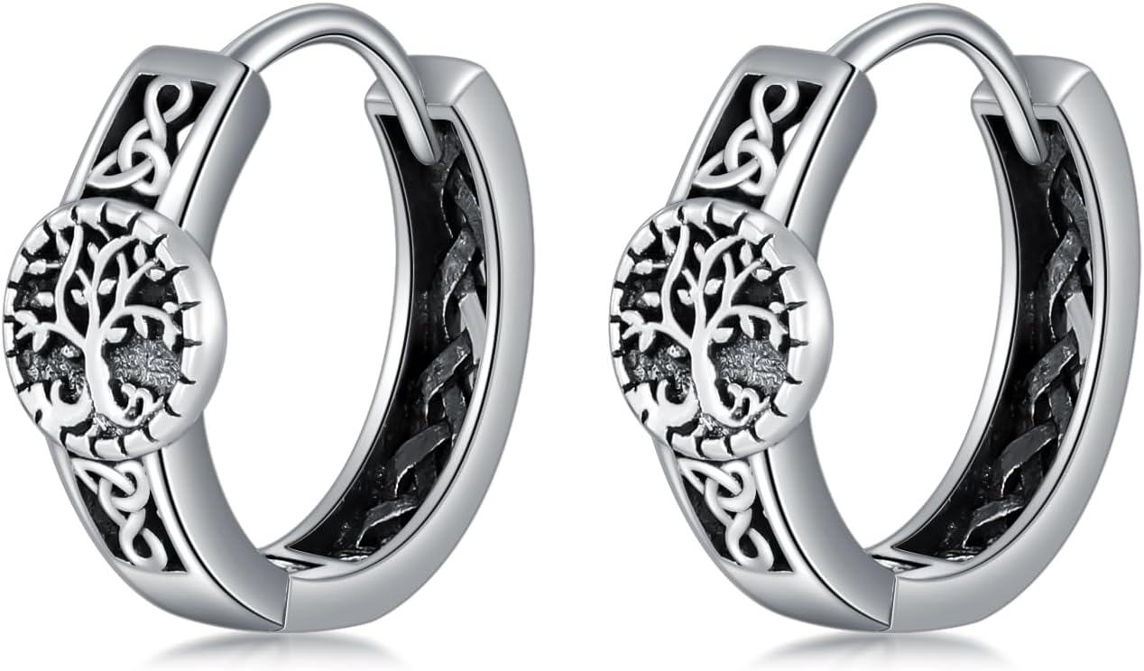 Sterling Silver Horseshoe Flower of Life Kokopelli Tree of Life Huggie Hoop Earrings-Tree of Life