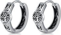 wholesale 925 Sterling Silver Tree of Life Huggie Hoop Earrings with Celtic Knots and Black Enamel Accents-Tree of Life