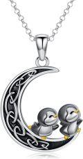 wholesale 925 Sterling Silver Penguin Crescent Moon Pendant Necklace-0-0