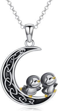 wholesale 925 Sterling Silver Penguin Crescent Moon Pendant Necklace-Penguin