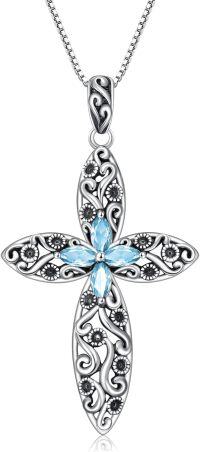 wholesale Sterling Silver 12 Birthstone Faith Cross Pendant Necklace for Women-Aquamarine