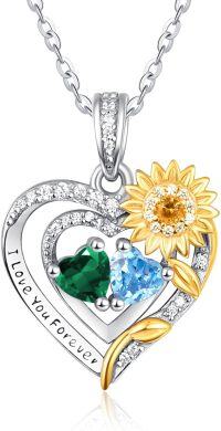 wholesale Sterling Silver 2 Birthstones Sunflower Heart Necklace for Women-05-12-May-Dec