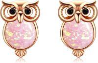 wholesale Rose Gold 925 Sterling Silver Pink Stone Owl Stud Earrings - Cute Animal Jewelry for Women-03-Pink Opal Owl(rose gold)