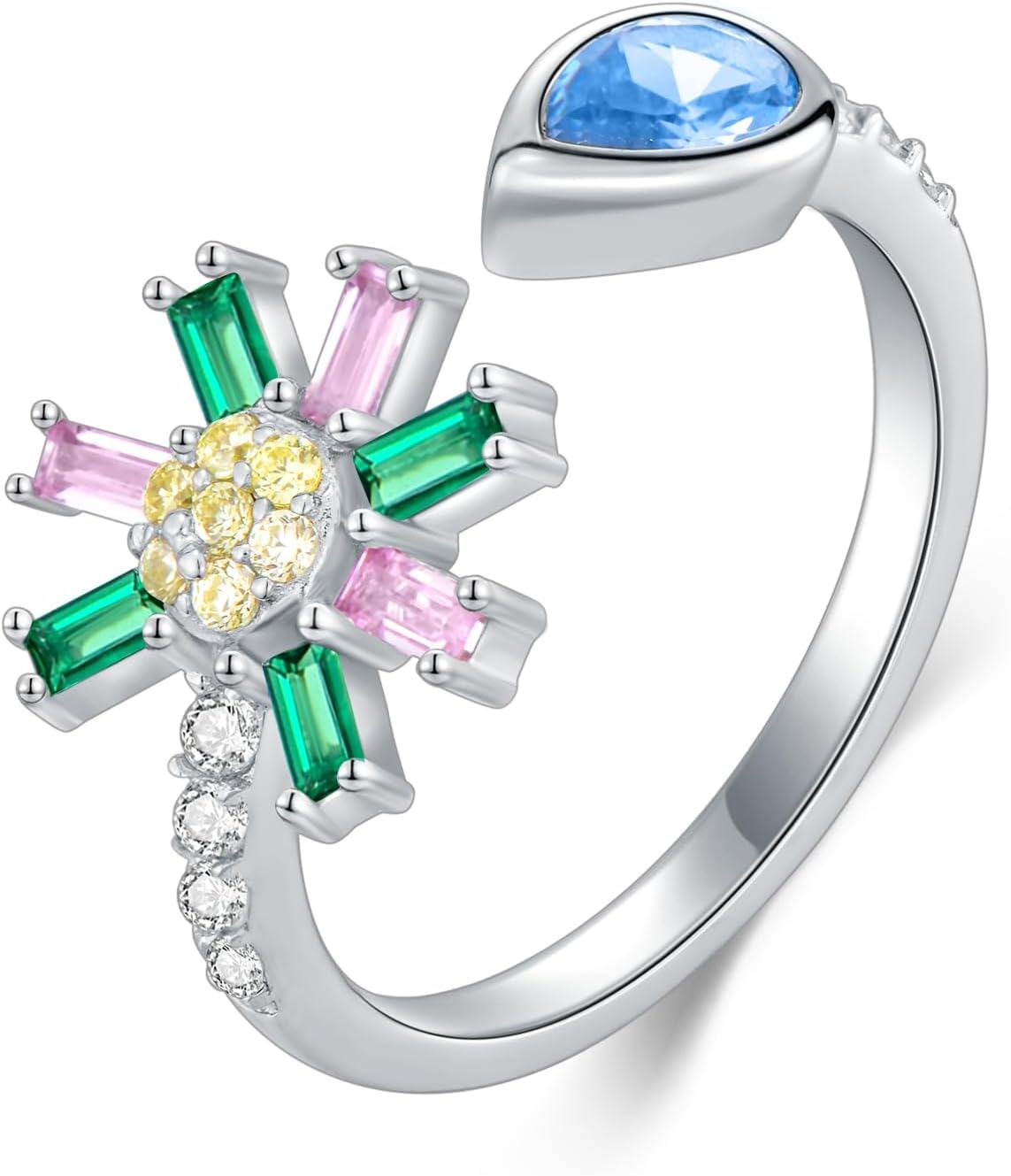 Sterling Silver Colored Gemstone Flower Ring for Women-0-0
