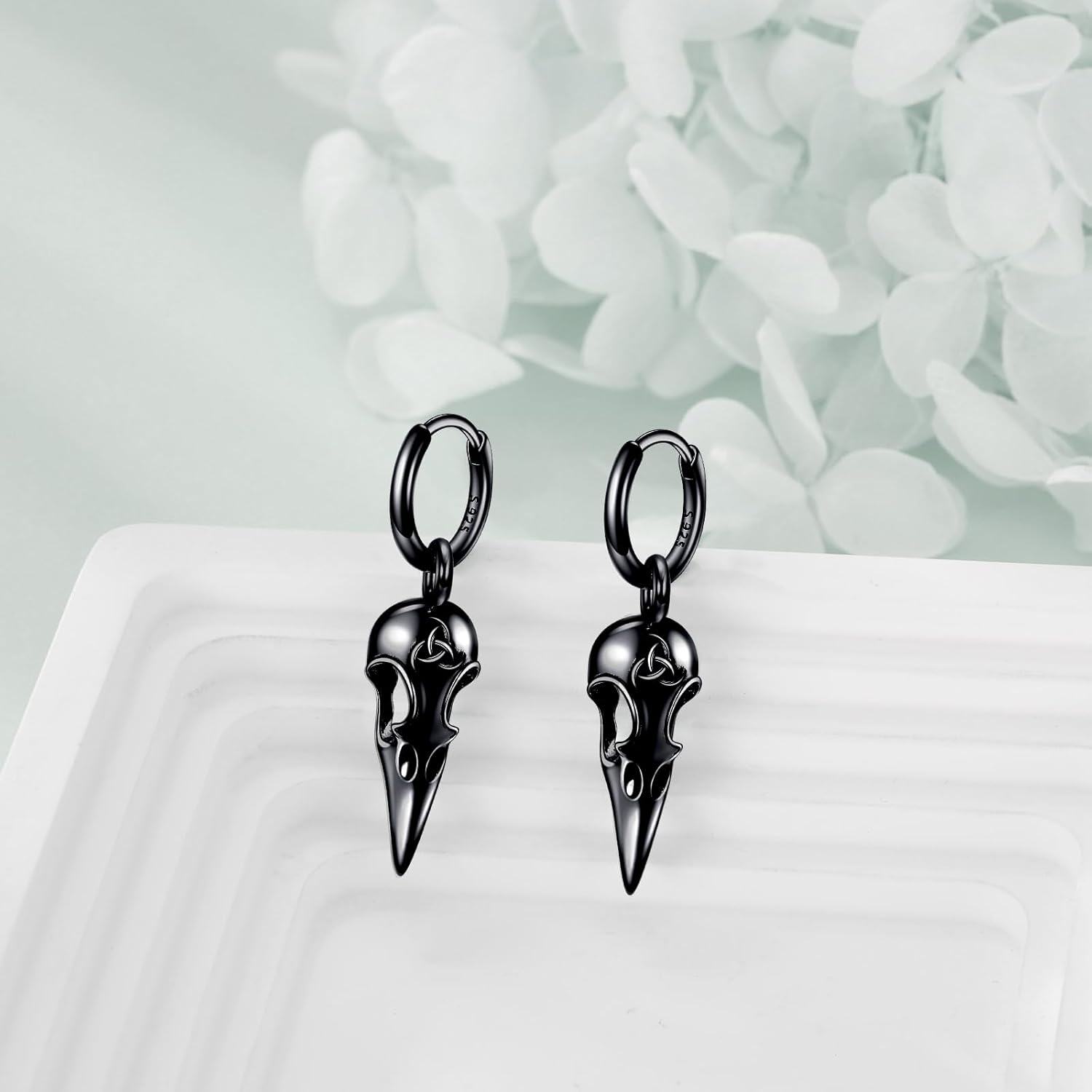925 Sterling Silver Raven Skull Drop Dangle Earrings Norse Viking s for Men Women-0-3