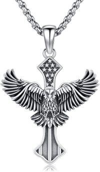 wholesale 925 Sterling Silver Eagle Cross with American Flag Design Pendant Necklace for Men & Women-02-Eagle