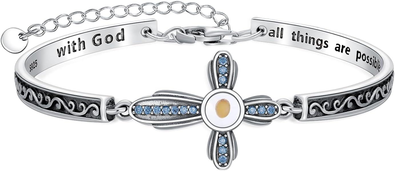 wholesale 925 Sterling Silver Mustard Seed Cross Bracelet with 12 Birthstones God All Things Possible Bangle Christian Jewelry Gift for Women-March