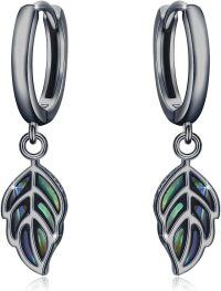 wholesale S925 Sterling Silver Abalone Shell Leaf Pendant Earrings, Hypoallergenic Lightweight Hoop with Secure Closure, 1 Inch-Black Gold
