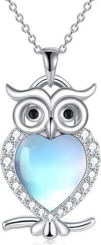 wholesale Sterling Silver Blue Stone Owl Necklace with Abalone Shell Moonstone-3-Moonstone
