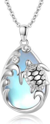 wholesale 925 Sterling Silver Moonstone Sea Life Pendant Necklace with Turtle and Wave Design for Women-A01 - Turtle