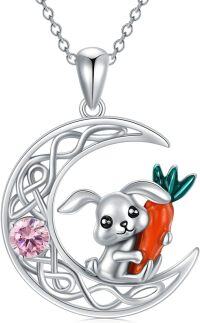 wholesale 925 Sterling Silver Birthstone Bunny Moon Pendant Necklace Rabbit Crescent Gift-October