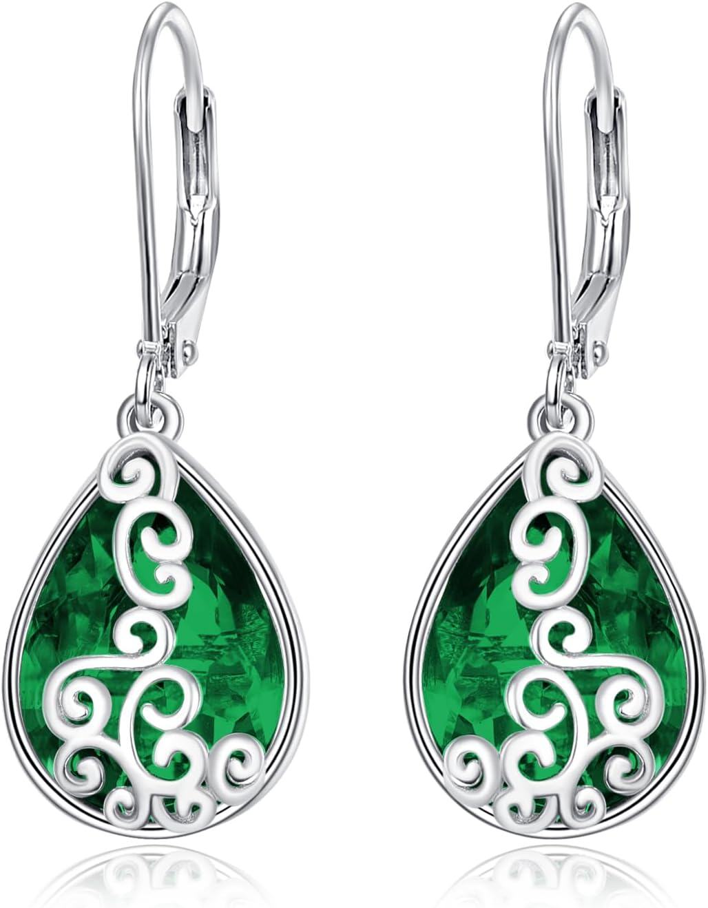 Sterling Silver Birthstone Teardrop Leverback Dangle Earrings-emerald
