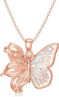 wholesale 925 Sterling Silver Plated Rose Gold Butterfly Opal Pendant Necklace for Women - Cute Animal  for Mothers' Day & Birthdays-19-Butterfly Lily Flower Necklace