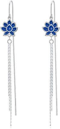 wholesale 925 Sterling Silver Lotus Flower Drop Earrings with Blue Enamel and Chain for Women's Fashion -Lotus Flower